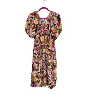 Terra & Sky Women's Floral Print Midi Dress Tie Waist Size 3X Grandmacore